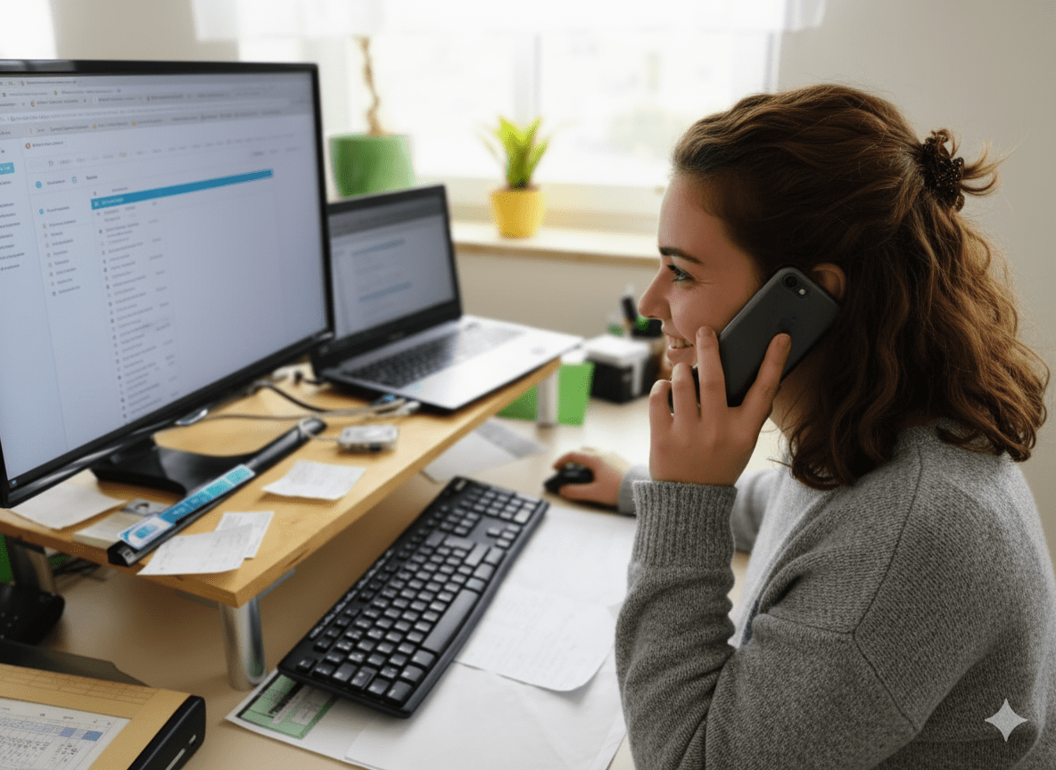 Eine Frau sitzt an einem Schreibtisch, benutzt einen Computer und telefoniert, vor ihr liegen Papierkram, Tastatur, Maus und zwei Laptops. Im Hintergrund sind eine Pflanze und ein Fenster zu sehen, was auf ein Heimbüro hindeutet.